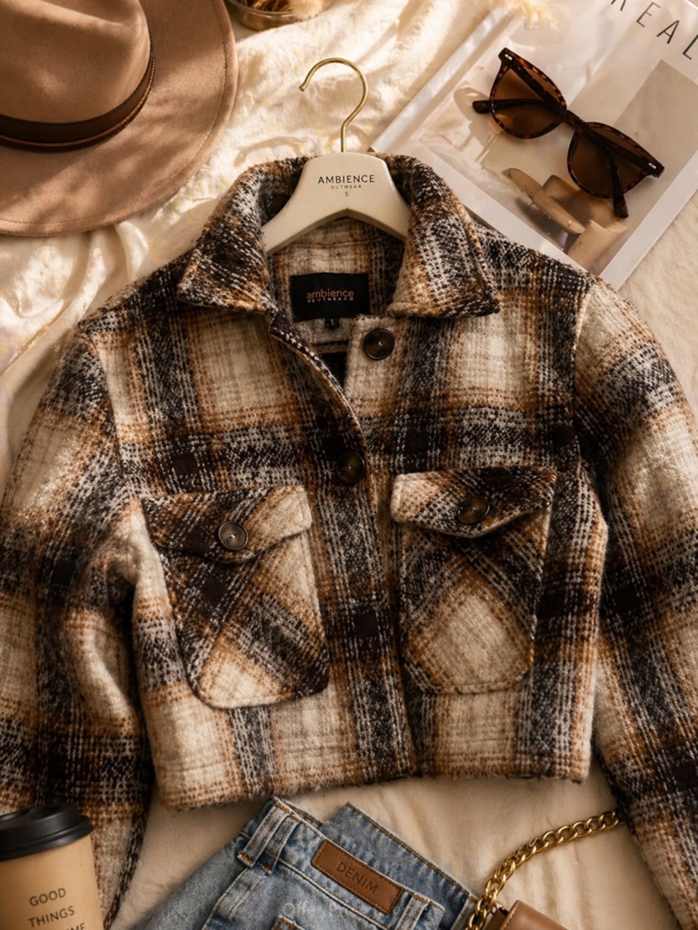 Cropped Plaid Shacket Jacket Brown Cream Cozy Fall IT Girl Layering Piece S”